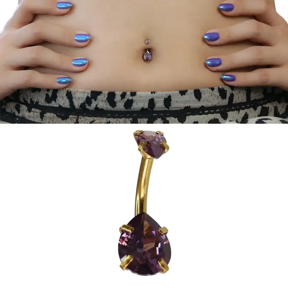 Altın Renk Mor Damla Taş Model 316L Cerrahi Çelik Göbek Piercing Yakın Çekim