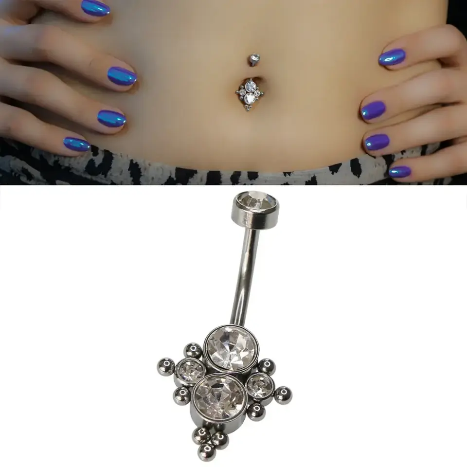 Royal Diamond Model 316L Cerrahi Çelik Gümüş Göbek Piercing Zirkon Taş Detayı