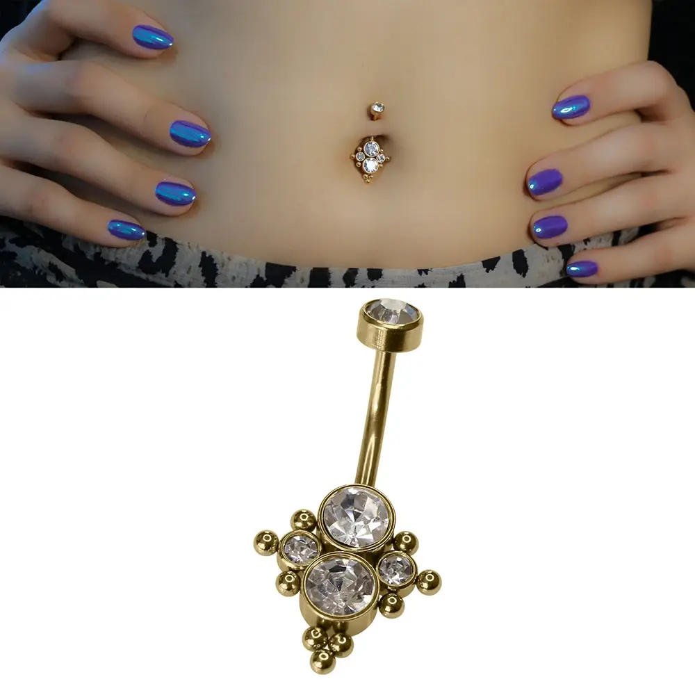 Royal Diamond Model 316L Cerrahi Çelik Altın Göbek Piercing Zirkon Taş Detayı