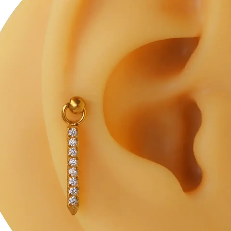 Işıltılı Çubuk sarı gold zirkon taşlı 316L cerrahi çelik tragus piercing flatback