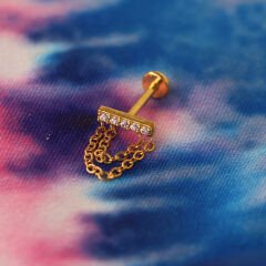 Zincir Zirkon 8x1.2mm Gold Çelik Labret Piercing, Tragus-Helix-Kıkırdak