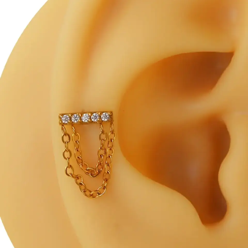 Altın renk zirkon taşlı sallantılı zincir tasarım 316L cerrahi çelik tragus piercing flatback