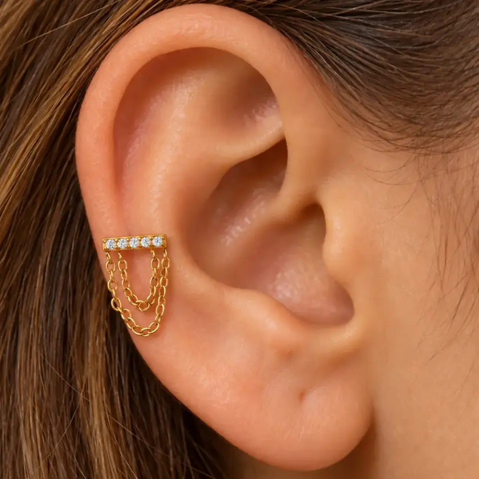Zirkon Taşlı Sallantılı Zincir Tasarım 316L Cerrahi Çelik Helix Tragus Lobe Piercing - Flatback Altın Renk