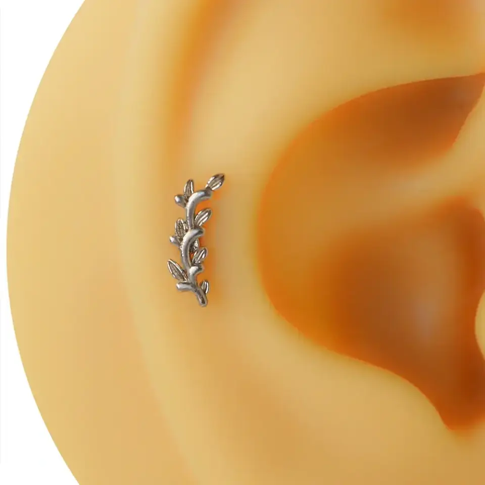 Zeytin dalı yaprak modelli gümüş renk cerrahi çelik tragus piercing.