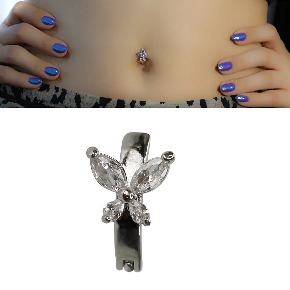 Sparkle Fly Model 316L Cerrahi Çelik Gümüş Rengi Göbek Piercing Kelebek Detayı ve Taş İşçiliği