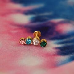 Dörtlü Mix Taş  6x1.2mm Gold Çelik Labret Piercing, Tragus-Helix-Kıkırdak