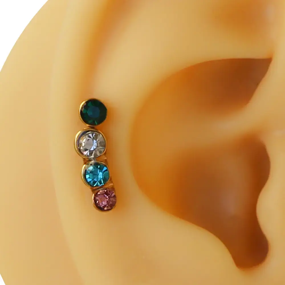 Gold renk sıralı 4 renkli zirkon taşlı 316L cerrahi çelik helix piercing