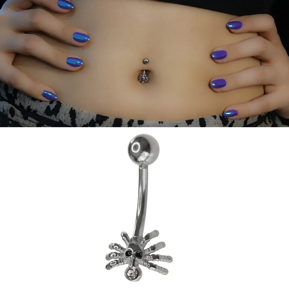 Skull Spider Model 316L Cerrahi Çelik Göbek Piercing Örümcek ve Kuru Kafa Detayı