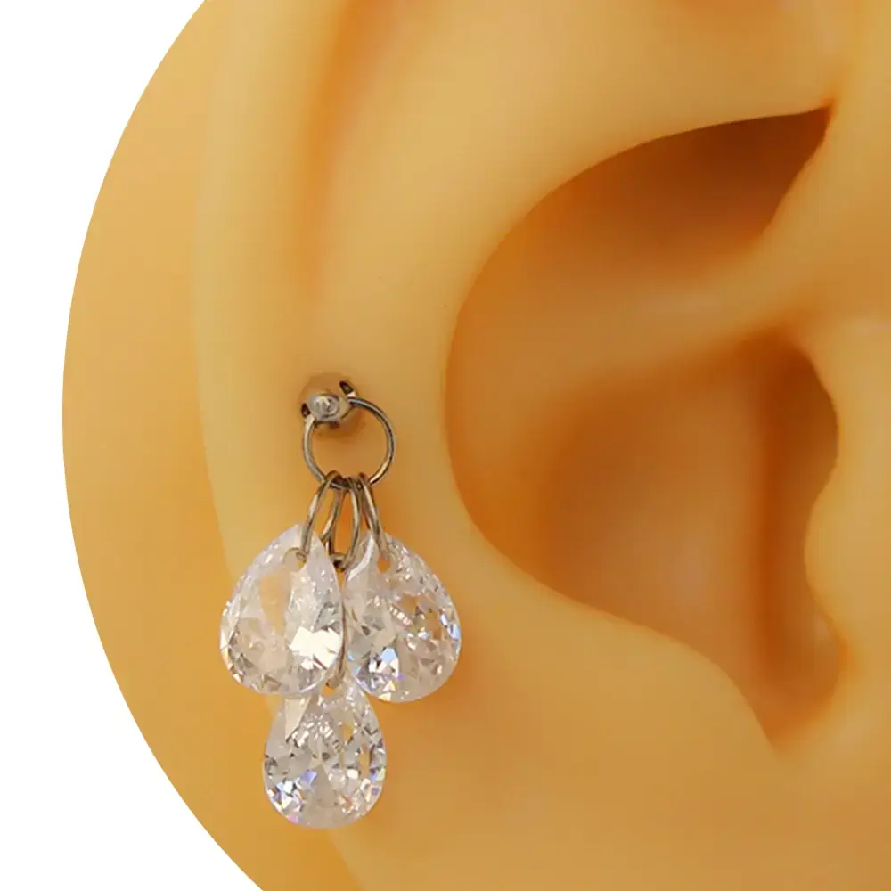 Gümüş renk üç damla zirkon taşlı tragus helix kıkırdak piercing