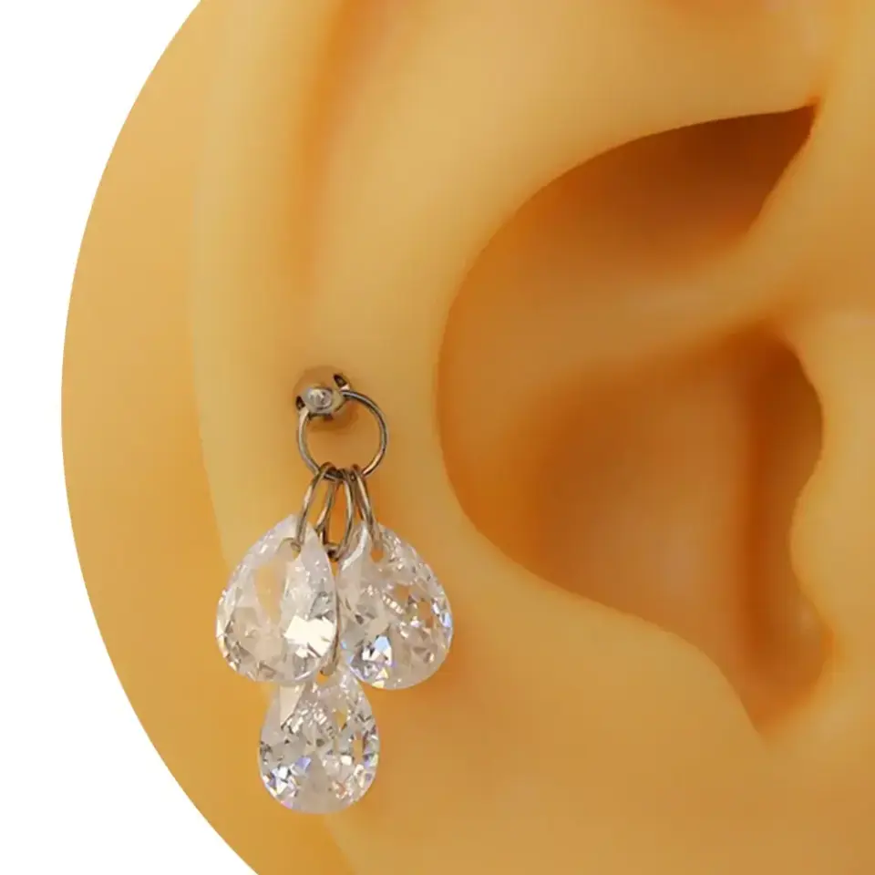 Gümüş renk üç damla zirkon taşlı tragus helix kıkırdak piercing
