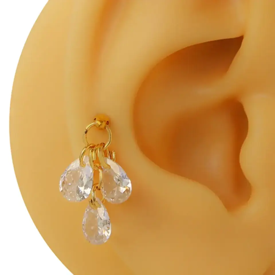 Gold renk üç damla zirkon taşlı tragus helix kıkırdak piercing modeli