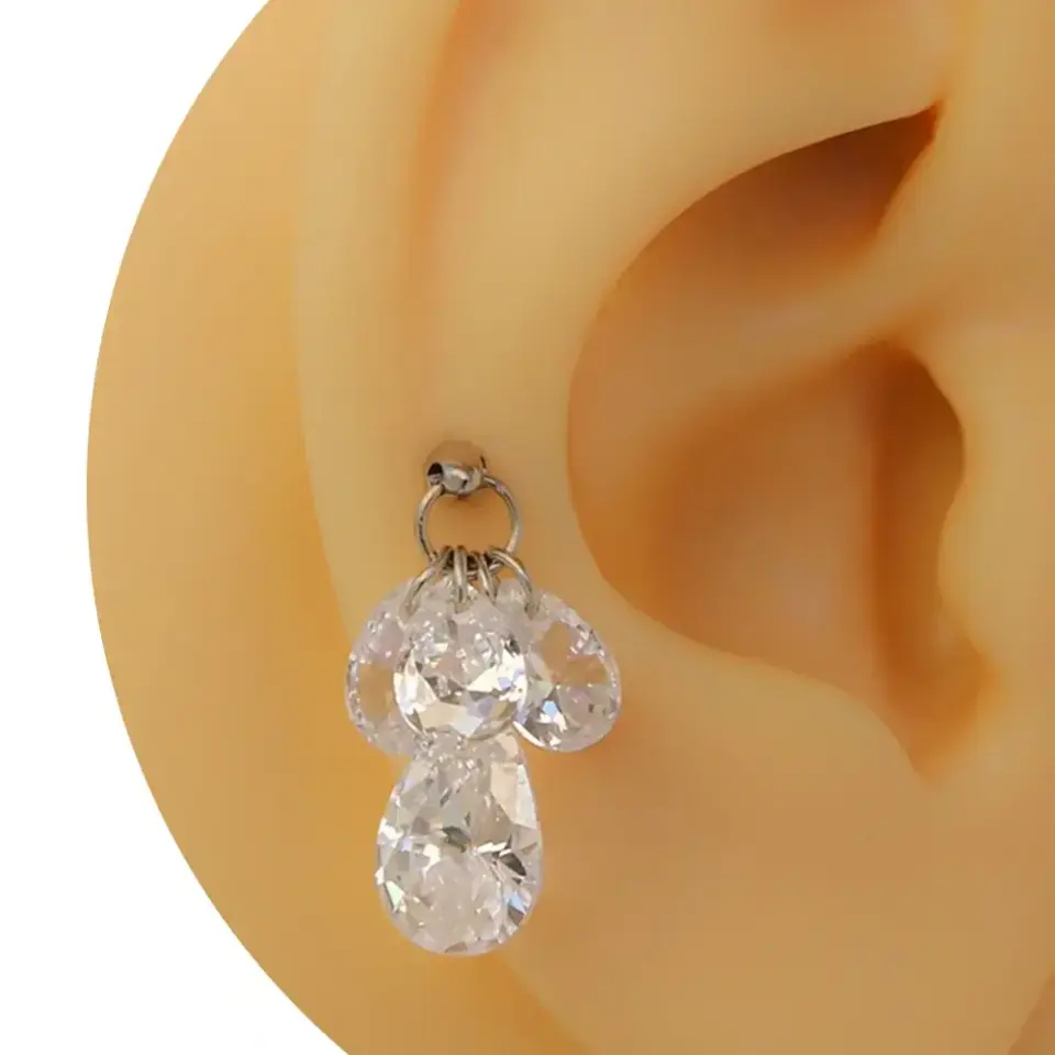 Gümüş renk damla şelale zirkon taşlı tragus helix kıkırdak piercing