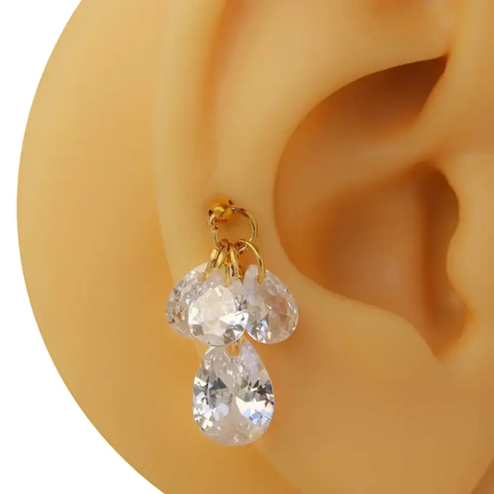 Altın rengi zirkon taşlı Damla Şelale Tragus piercing modeli