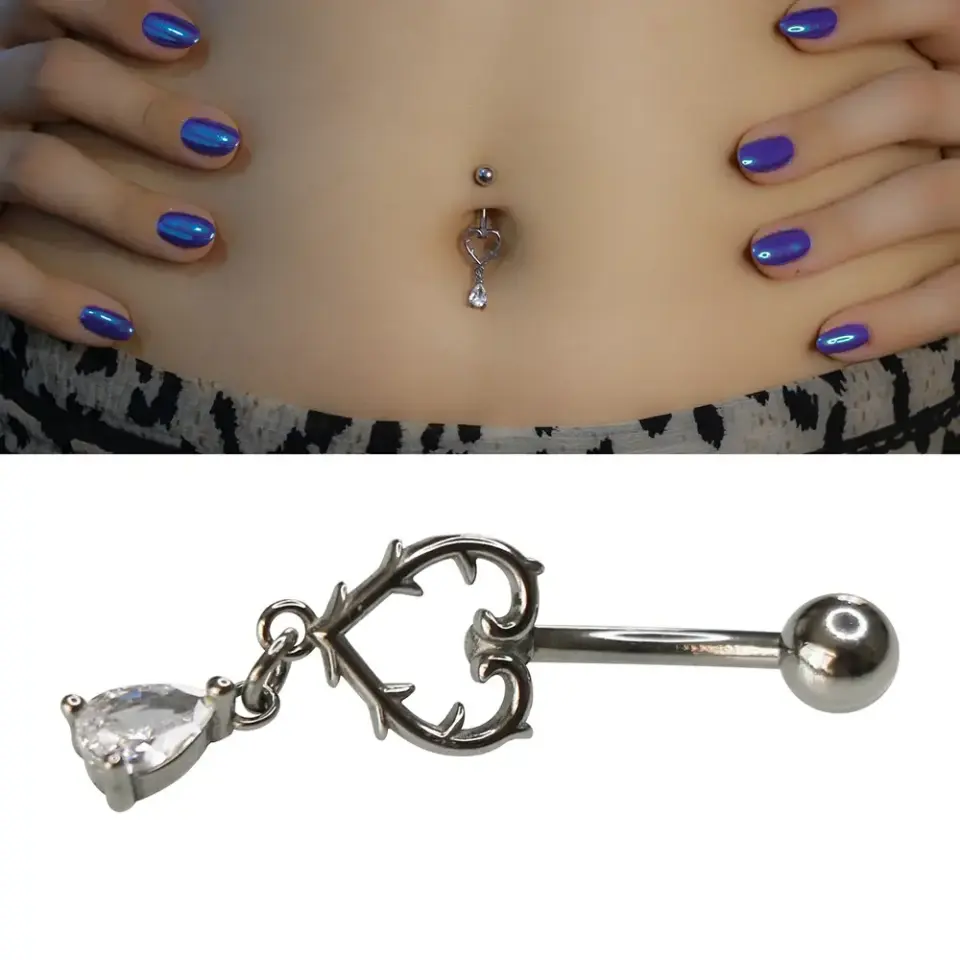 Zircon Tear Heart Model 316L Cerrahi Çelik Göbek Piercing Kalp ve Damla Taş Detayı