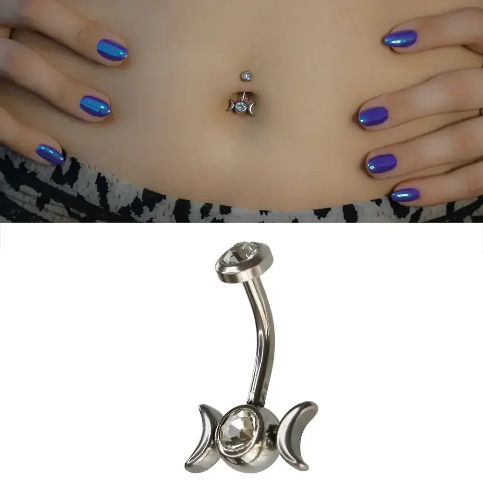 Hekate Model 316L Cerrahi Çelik Göbek Piercing Üçlü Ay ve Taş Detayı