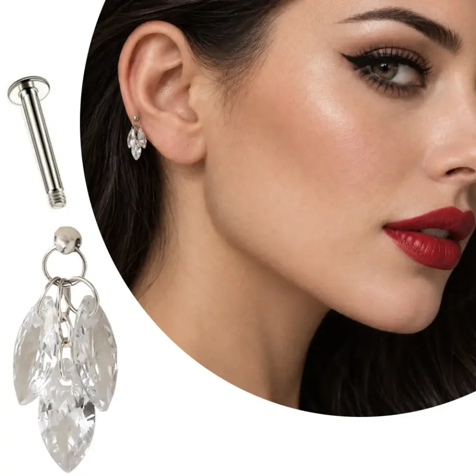 markiz Zirkon Taş Sallantılı gümüş Çelik Tragus-Helix Piercingin gerçek kulakta gösterimi