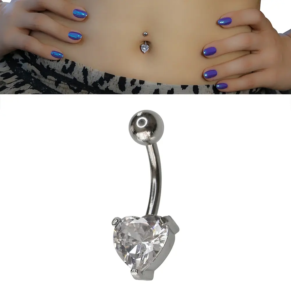 Aura Heart Model 316L Cerrahi Çelik Gümüş Göbek Piercing Zirkon Kalp Detayı