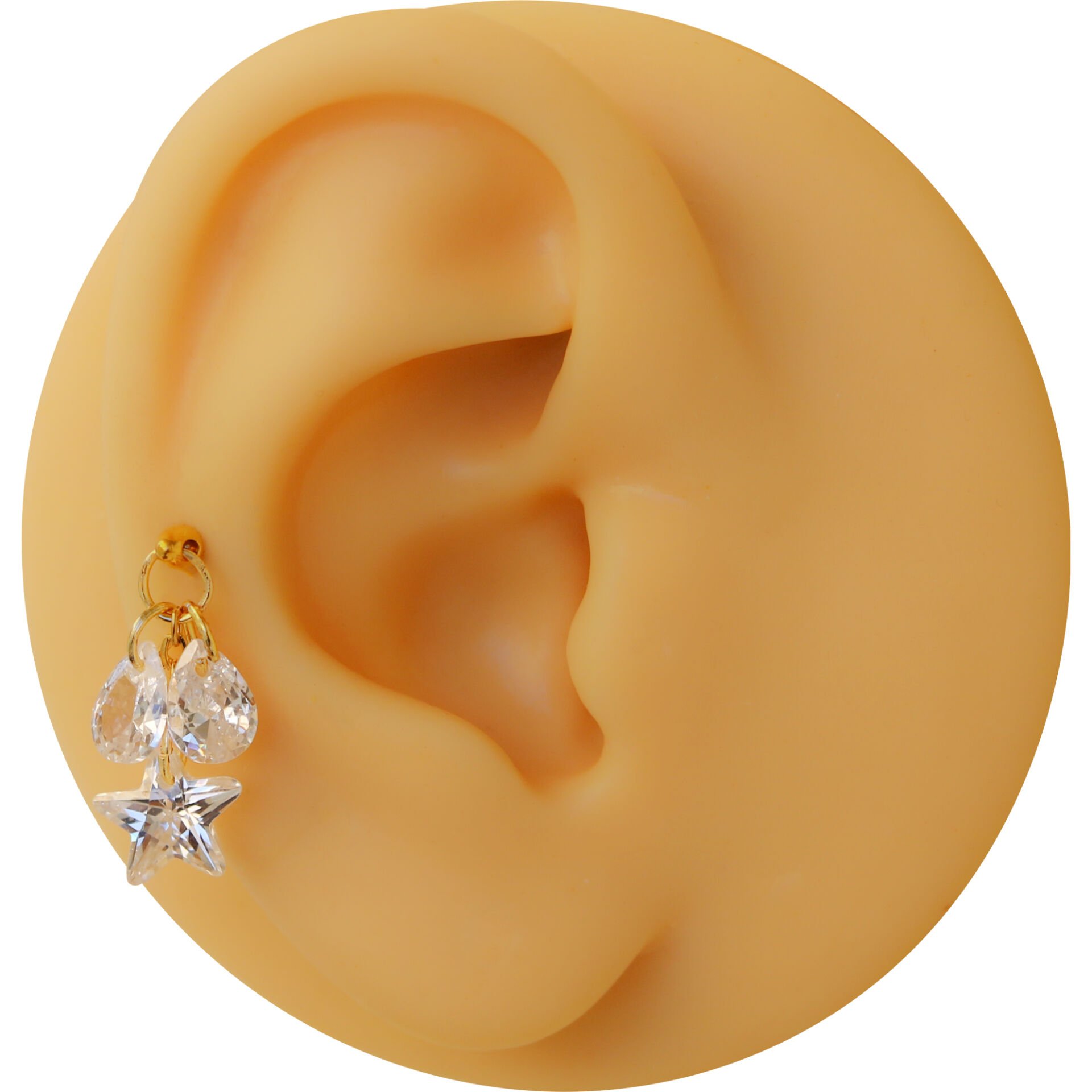 Yıldız ve Damla Kesim Zirkon Taş Sallantılı Gold Çelik Labret Piercing, Tragus-Helix-Kıkırdak