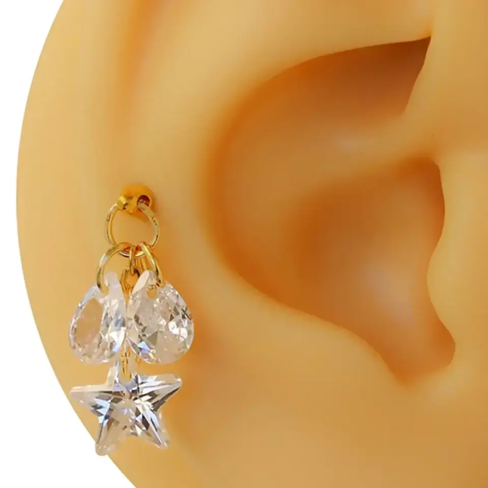 Altın renkli zirkon taşlı yıldız ve damla tragus piercing