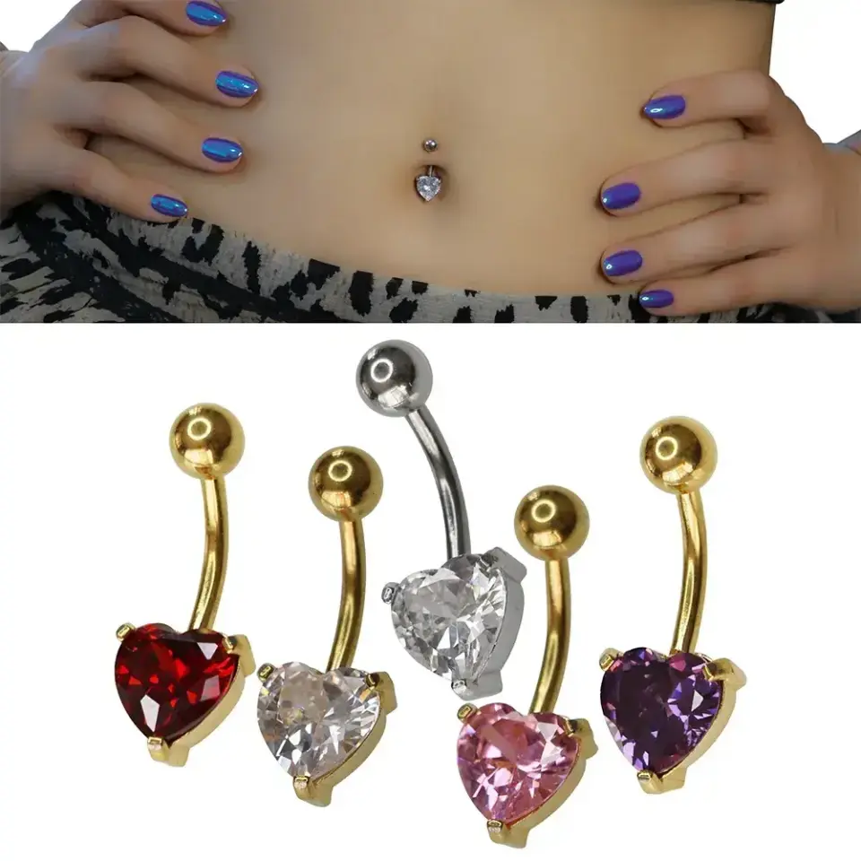 Aura Heart - Kalp Zirkon 316L Cerrahi Çelik Göbek Piercing Gümüş - Pembe