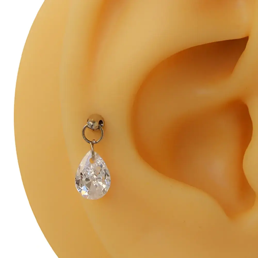 Gümüş renk gözyaşı model zirkon taşlı tragus helix kıkırdak piercing