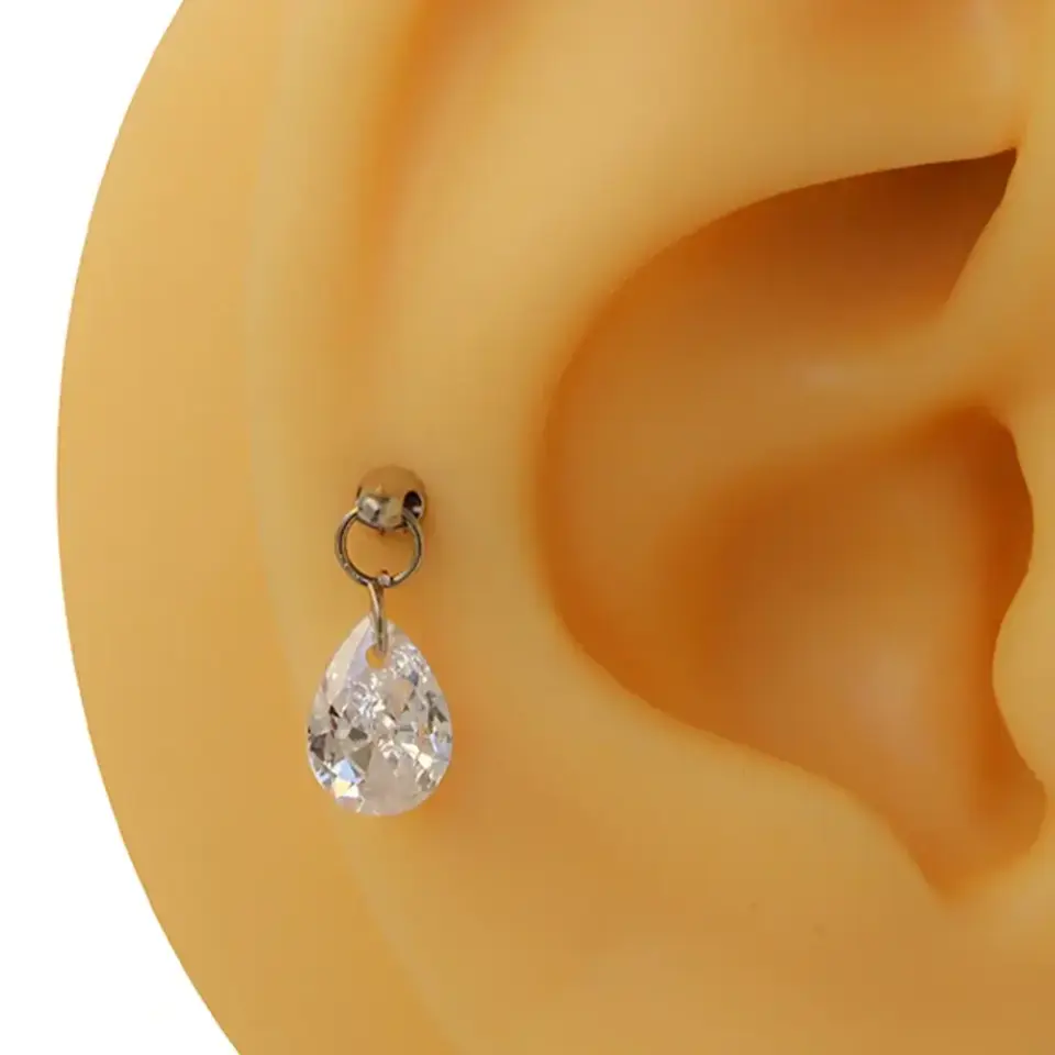 Gümüş renk gözyaşı model zirkon taşlı tragus helix kıkırdak piercing