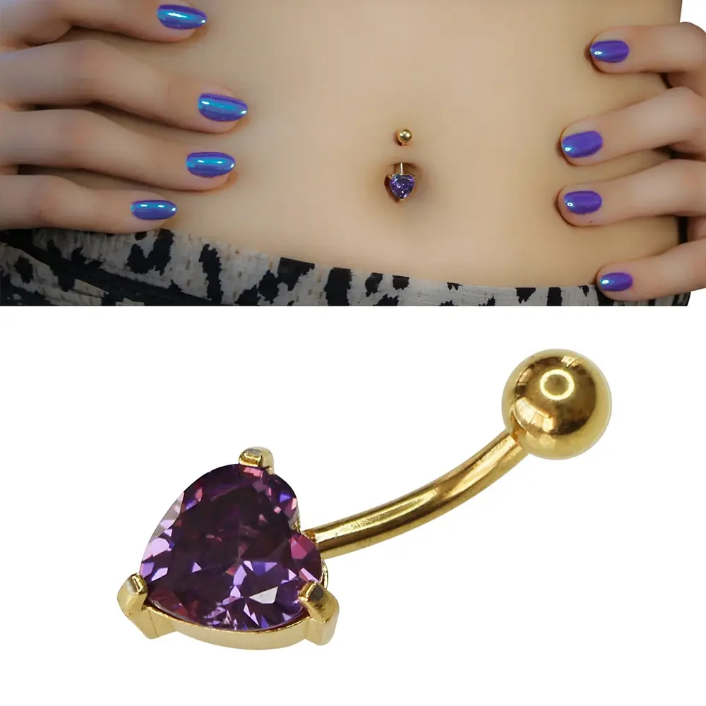 Aura Heart Model 316L Cerrahi Çelik Göbek Piercing Mor Zirkon Kalp Detayı
