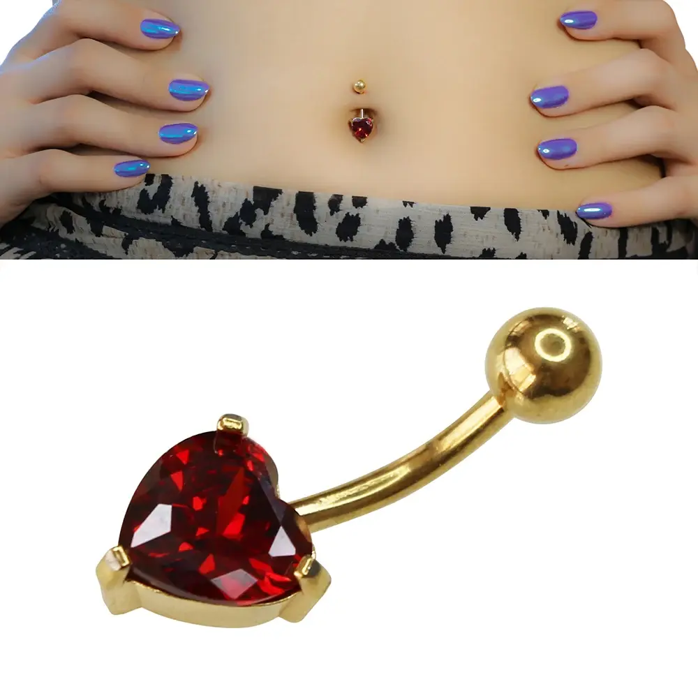 Aura Heart Model 316L Cerrahi Çelik Göbek Piercing Kırmızı Zirkon Kalp Detayı