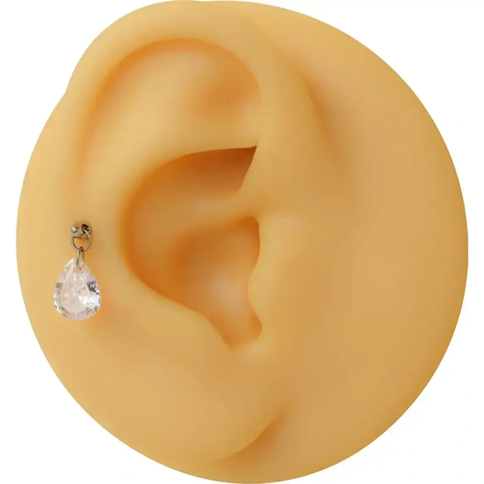 Arkası düz konforlu flatback gümüş damla taş tragus piercing tasarımı