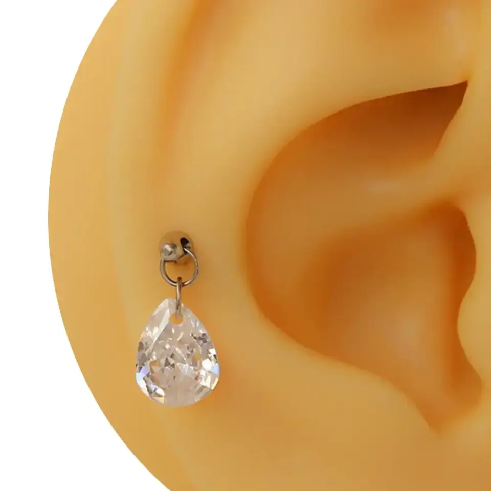 Gümüş renk damla taş zirkon tragus helix kıkırdak piercing aksesuarı