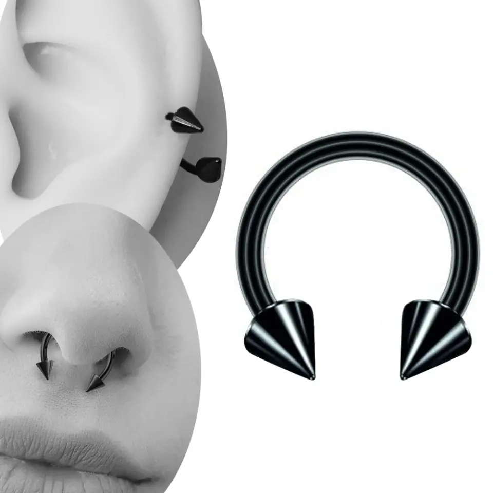 Siyah renkli spike yarım halka tasarımı 316L cerrahi çelik burun dudak kıkırdak piercing
