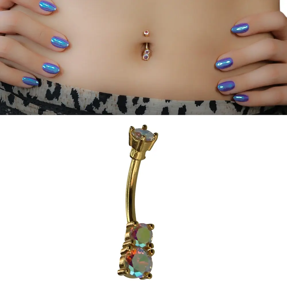 Üçlü Parıltı Model 316L Cerrahi Çelik Gold Rengi Göbek Piercing Üçlü Taş Dizilimi ve Taş İşçiliği