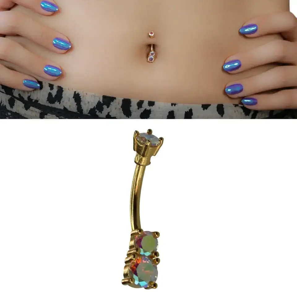 Üçlü Parıltı Model 316L Cerrahi Çelik Gold Rengi Göbek Piercing Üçlü Taş Dizilimi ve Taş İşçiliği