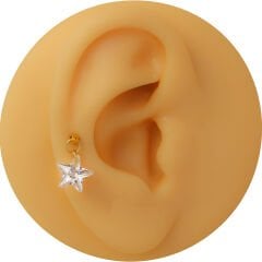 Yıldız Kesim Tek Zirkon Taş Sallantılı Gold Çelik Labret Piercing, Tragus-Helix-Kıkırdak