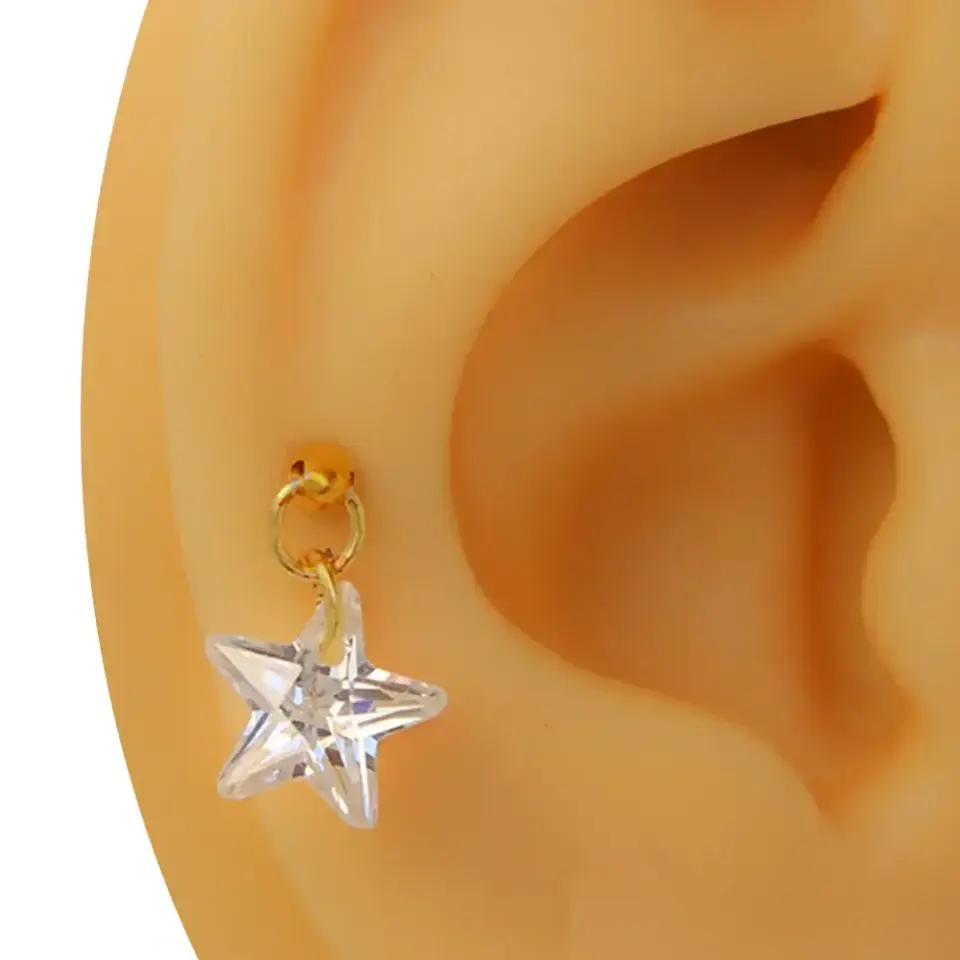 Gold renk parlayan yıldız zirkon tragus helix kıkırdak piercing aksesuarı