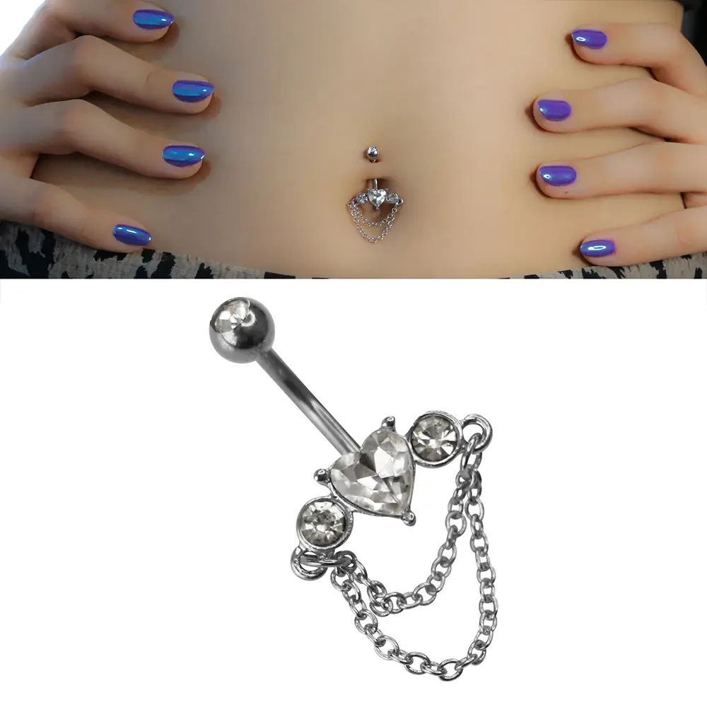 Dancing Love Model 316L Cerrahi Çelik Göbek Piercing Hareketli Zincir ve Kalp Detayı