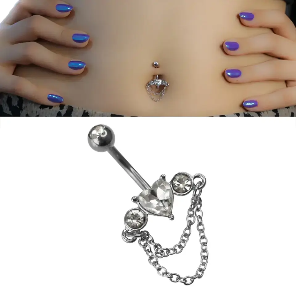 Dancing Love Model 316L Cerrahi Çelik Göbek Piercing Hareketli Zincir ve Kalp Detayı
