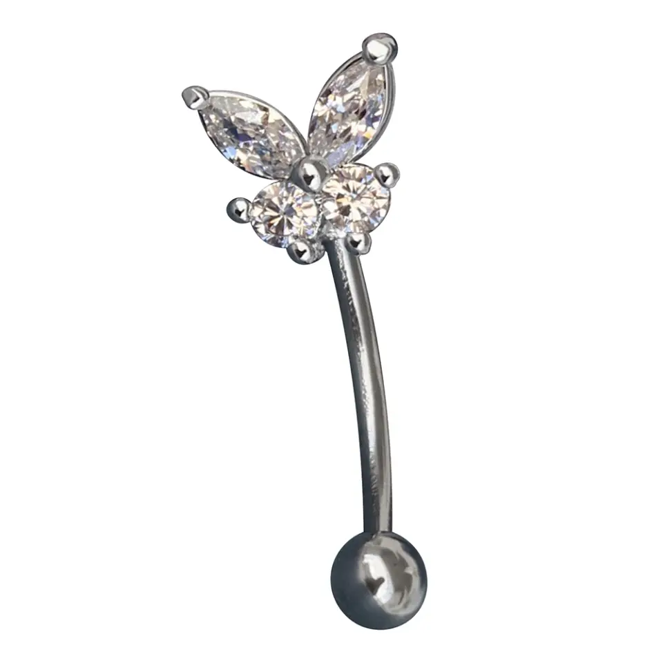 Gümüş Renk Cerrahi Çelik Şeffaf Zirkon Taşlı Kelebek Kaş - Rook Piercing 10 mm