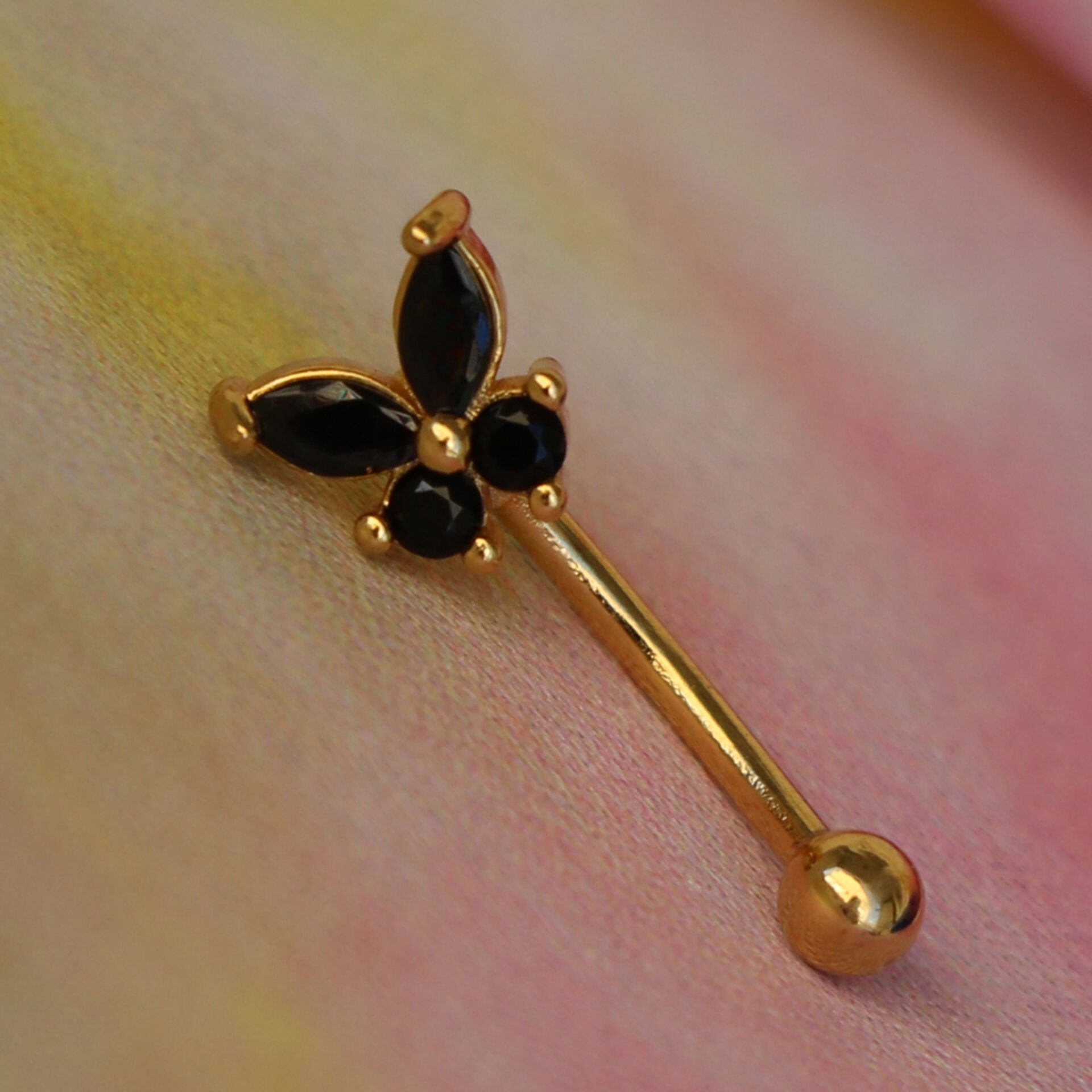 Kelebek Siyah Zirkon Taşlı 10x1,2mm Gold Çelik Banana Piercing, Kaş-Rook-Daith-Snug-Vertical Tragus