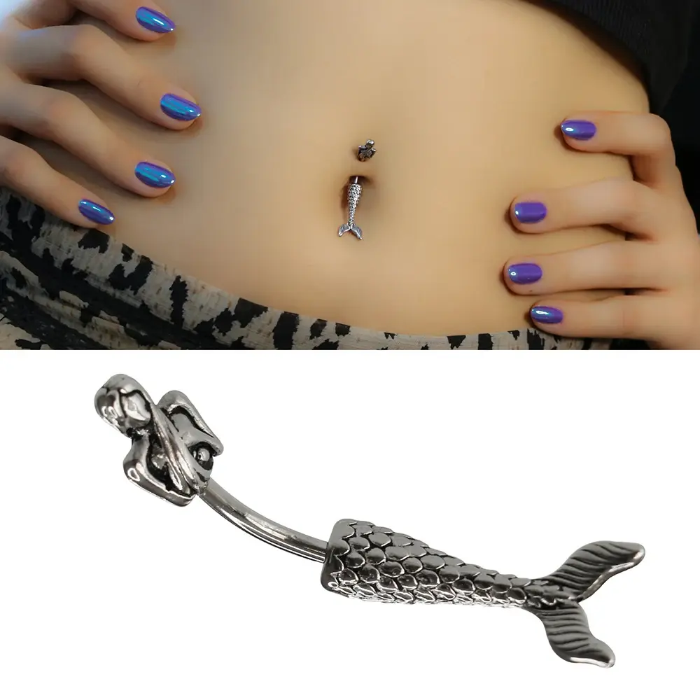 Mermaid Model 316L Cerrahi Çelik Göbek Piercing Deniz Kızı Figürü ve Taş İşçiliği
