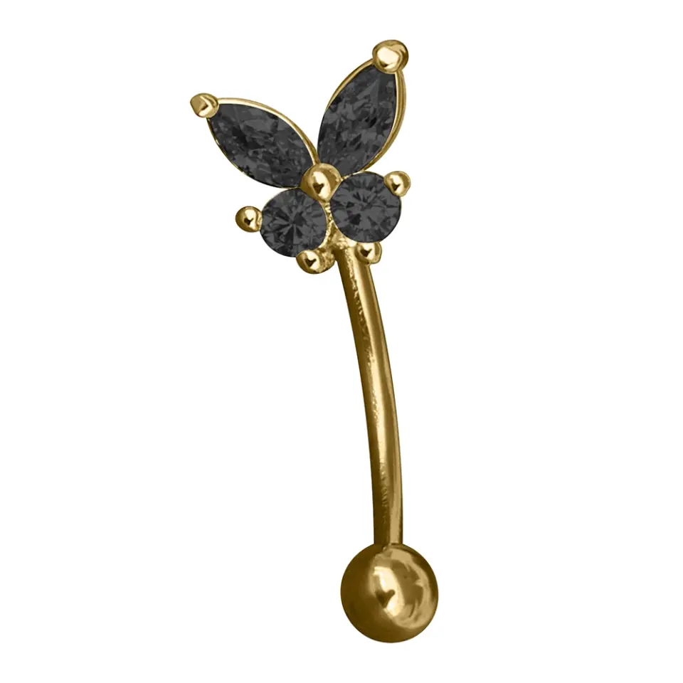 Gold Cerrahi Çelik Siyah Zirkon Taşlı Kelebek Kaş - Rook Piercing yakın çekimi