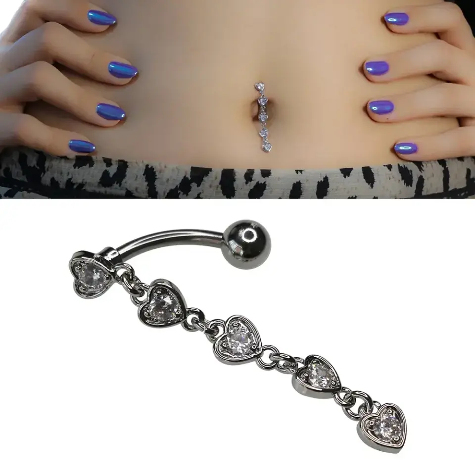 Heart Waterfall Model 316L Cerrahi Çelik Göbek Piercing Kalp Şelalesi Figürü ve Taş İşçiliği