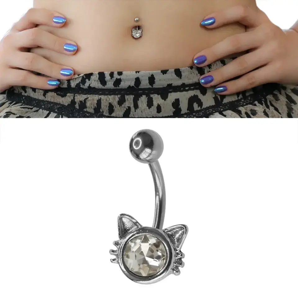 Fancy Cat Model 316L Cerrahi Çelik Göbek Piercing Kedi Figürü ve Taş İşçiliği