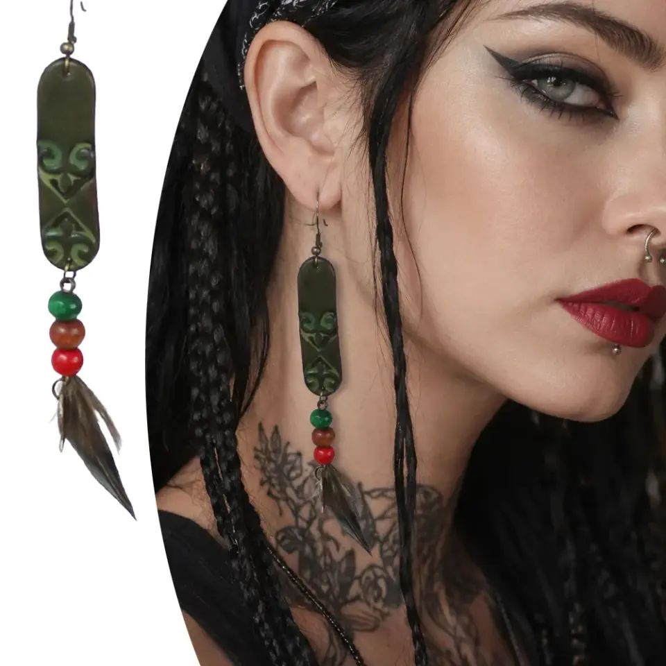 Antik sarı kancalı ve tribal spiral motifli etnik el yapımı deri küpe 1010-R