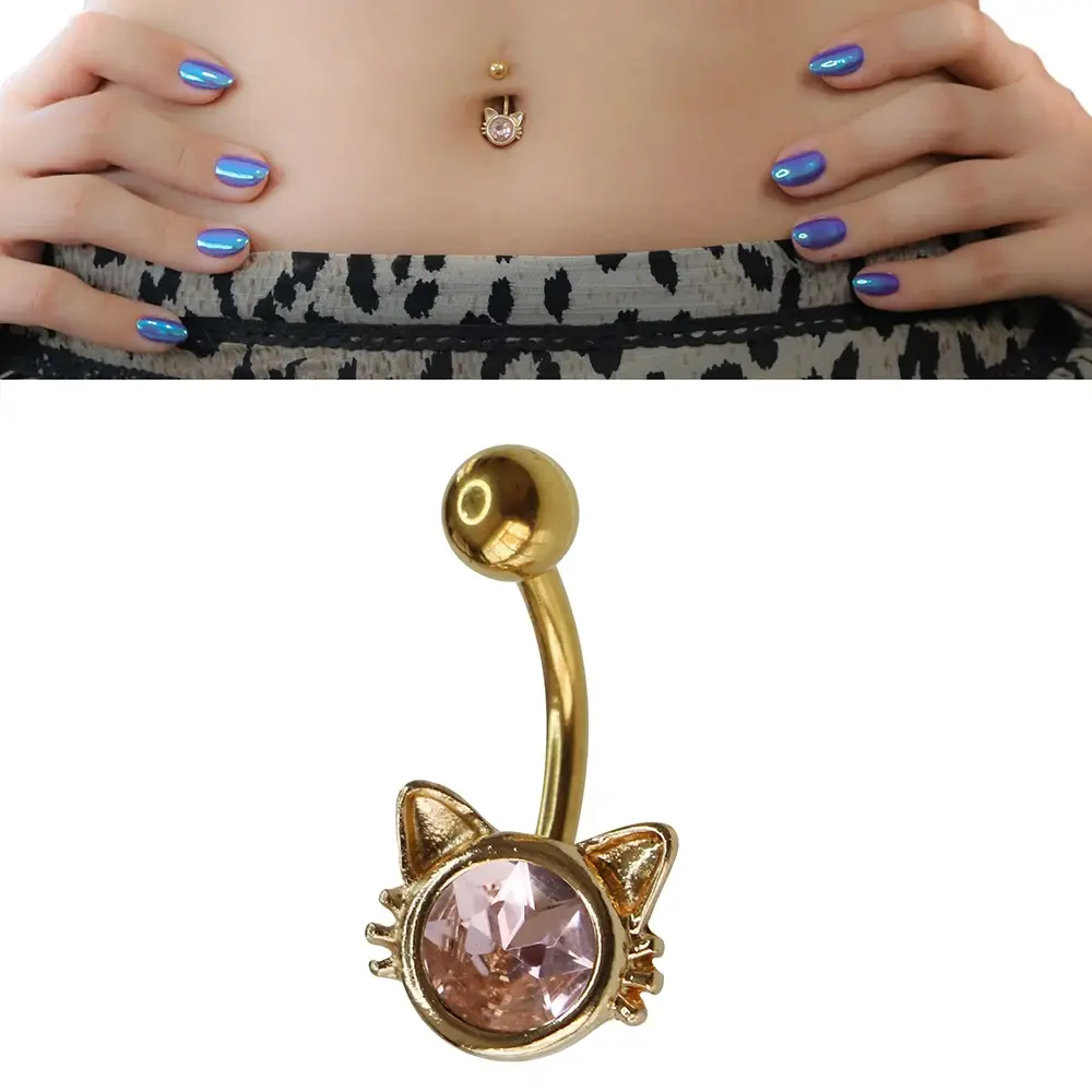 Fancy Cat Model 316L Cerrahi Çelik Göbek Piercingin pembe zirkon taşı