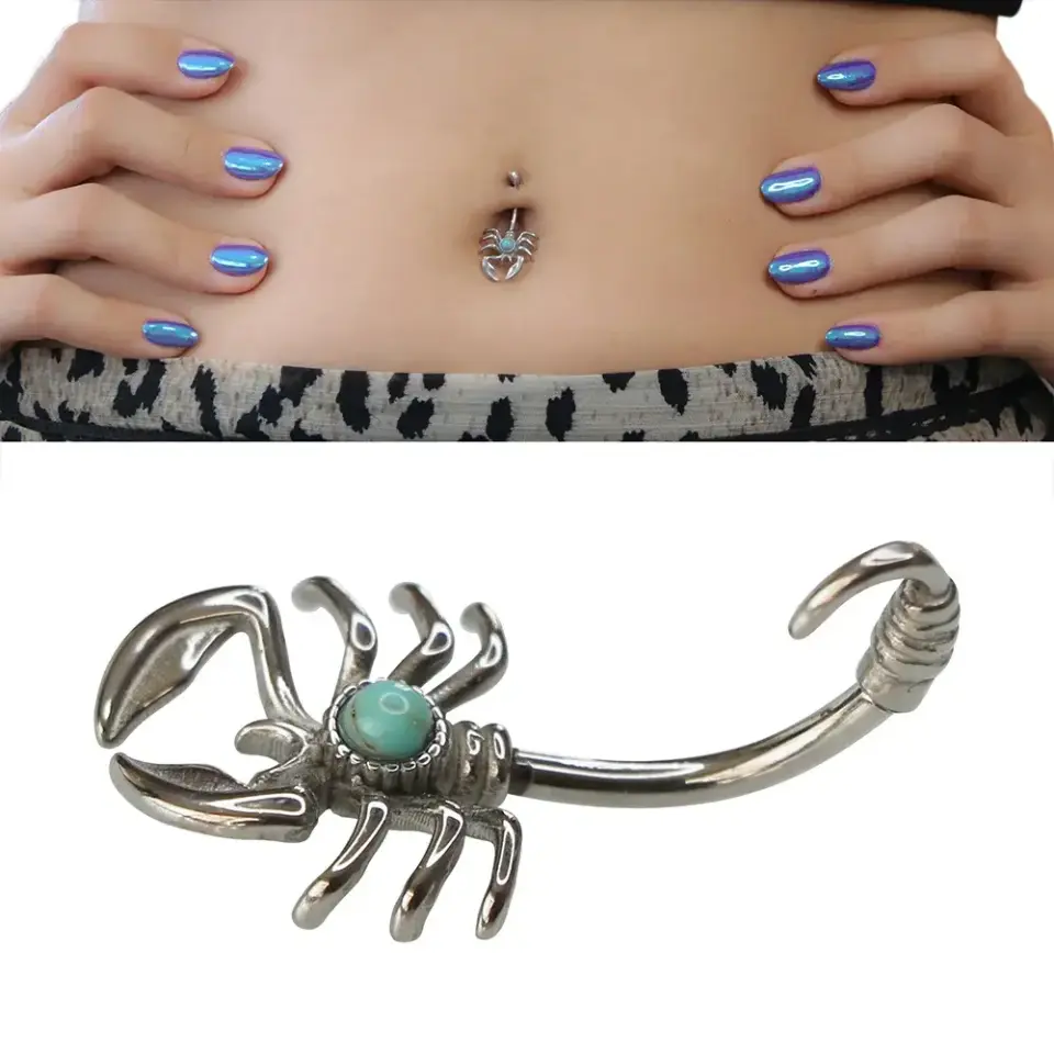 Turquoise Scorpio Model 316L Cerrahi Çelik Göbek Piercing Akrep Figürü ve Taş İşçiliği