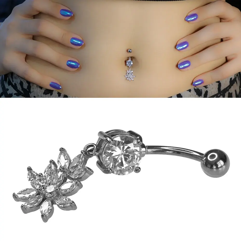 Lotus Model 316L Cerrahi Çelik Göbek Piercing Çiçek Figürü ve Taş Detayı