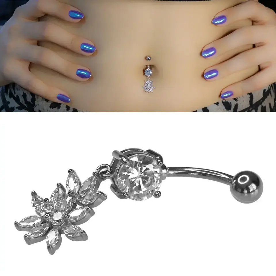 Lotus Model 316L Cerrahi Çelik Göbek Piercing Çiçek Figürü ve Taş Detayı