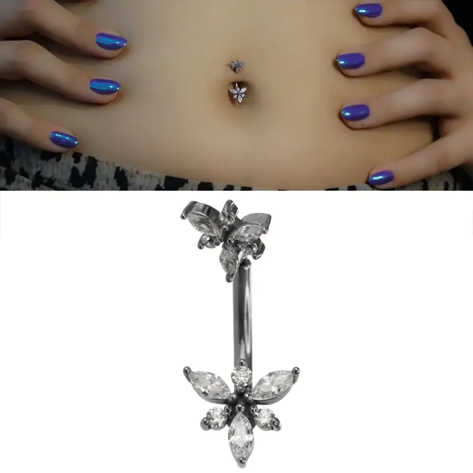 Marquise Flower Model 316L Cerrahi Çelik Göbek Piercing Çiçek Figürü ve Markiz Taş Detayı