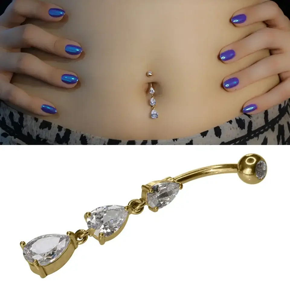 Triple Tear Model 316L Cerrahi Çelik Göbek Piercing Üçlü Damla Figürü Ve Taş İşçiliği